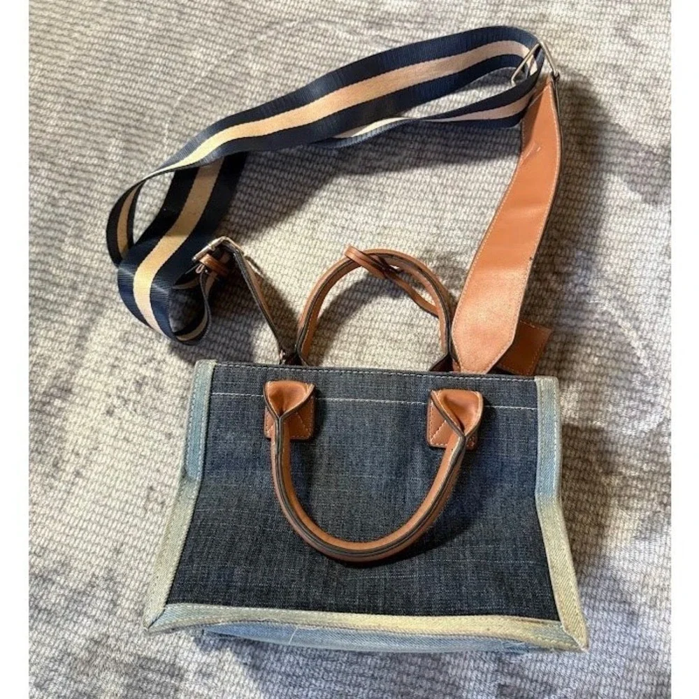 True Religion Denim Mini Tote Bag Crossbody Blue Dark Wash Logo Striped Strap